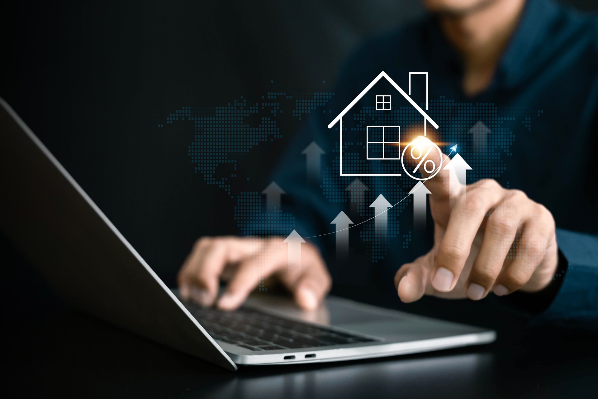 Real estate investment concept . Businessman use laptop with house icon for analyzing mortgage loan home and insurance real property mortgage. business real estate.